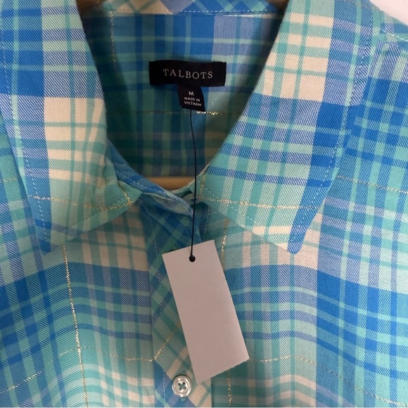 Talbots COTTON BUTTON FRONT SHIRT PLAID METALLIC Size Medium NWT - Picture 5 of 7